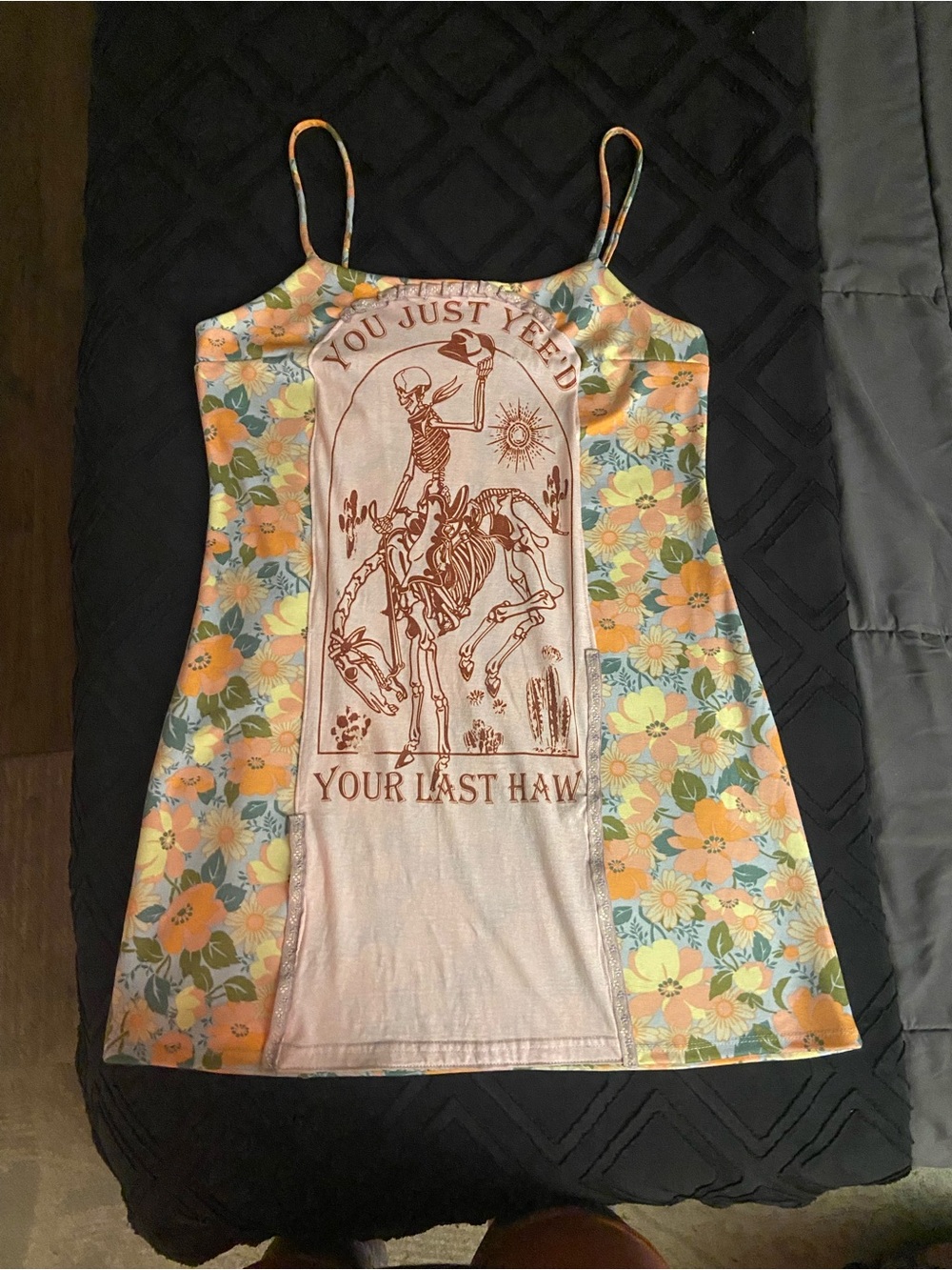 Floral Panel Graphic Slip Dress with Skeleton Rider - Peach & Green